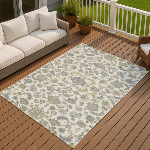 10' X 14' Ivory And Wheat Floral Medallion Washable Indoor Outdoor Area Rug Homeroots Outdoor