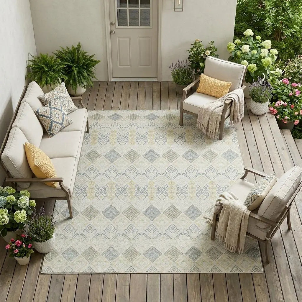 Light beige outdoor rug with geometric pattern, perfect for patios, paired with beige chairs and colorful cushions.