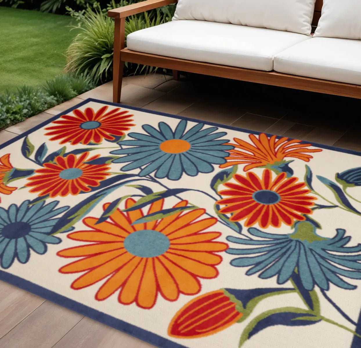 10' X 14' Ivory Blue And Orange Floral Indoor Outdoor Area Rug Homeroots Outdoor