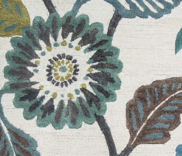 10' X 14' Ivory Brown Blue Teal And Green Wool Floral Hand Tufted Area Rug Homeroots Home Decor