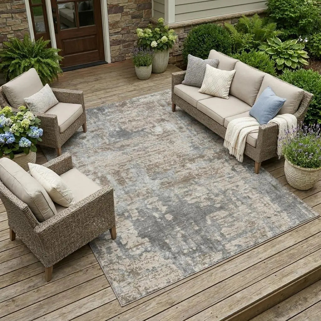10' X 14' Khaki And Brown Abstract Washable Indoor Outdoor Area Rug Homeroots Outdoor