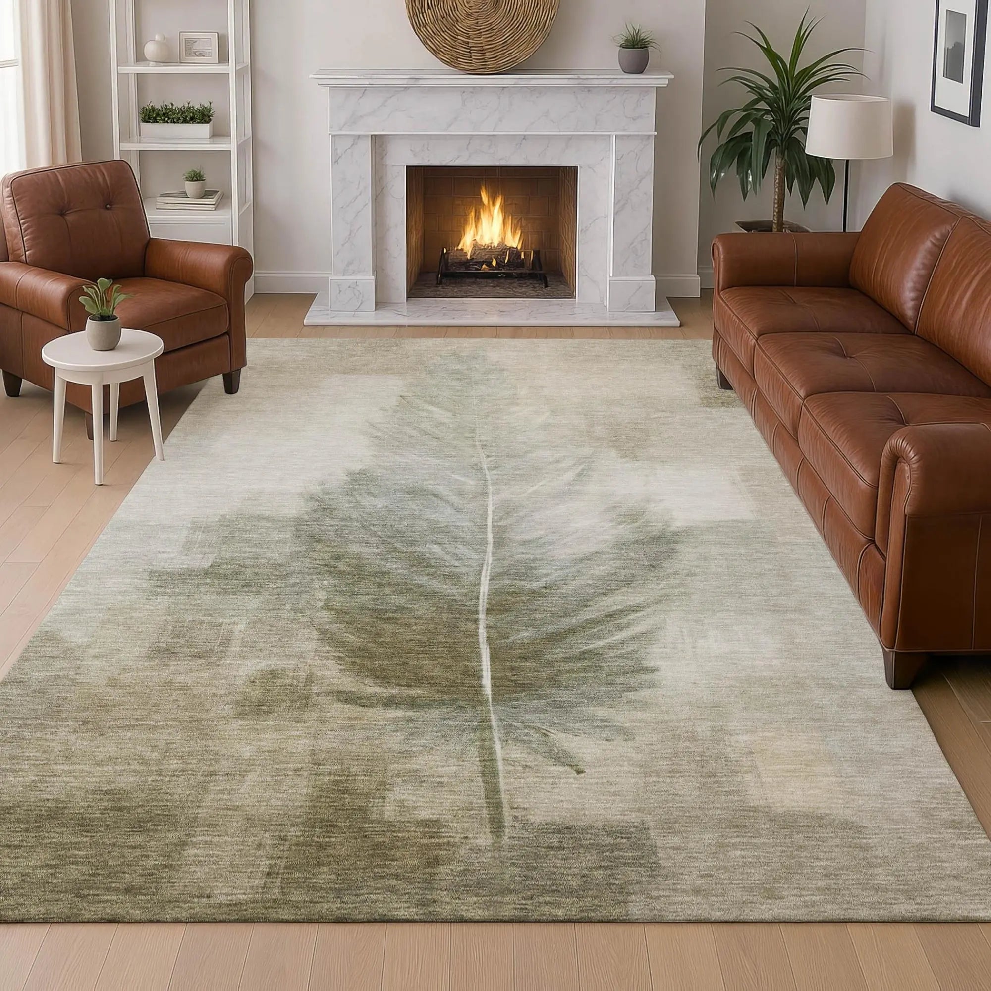 10' X 14' Khaki And Brown Botanical Leaves Washable Indoor Outdoor Area Rug Homeroots Outdoor