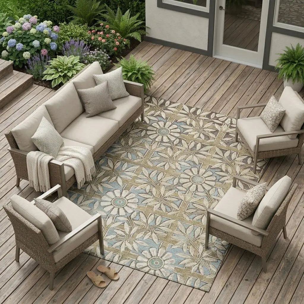 10' X 14' Khaki And Brown Floral Washable Indoor Outdoor Area Rug Homeroots Outdoor