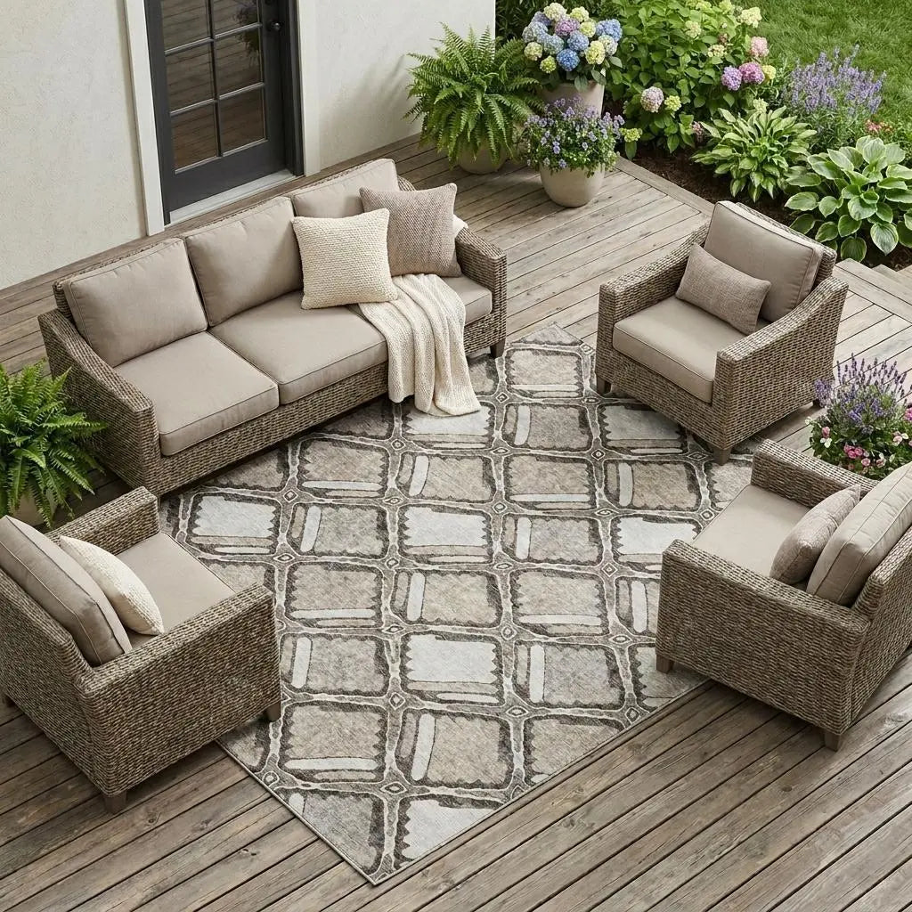 10' X 14' Khaki And Brown Geometric Washable Indoor Outdoor Area Rug Homeroots Outdoor