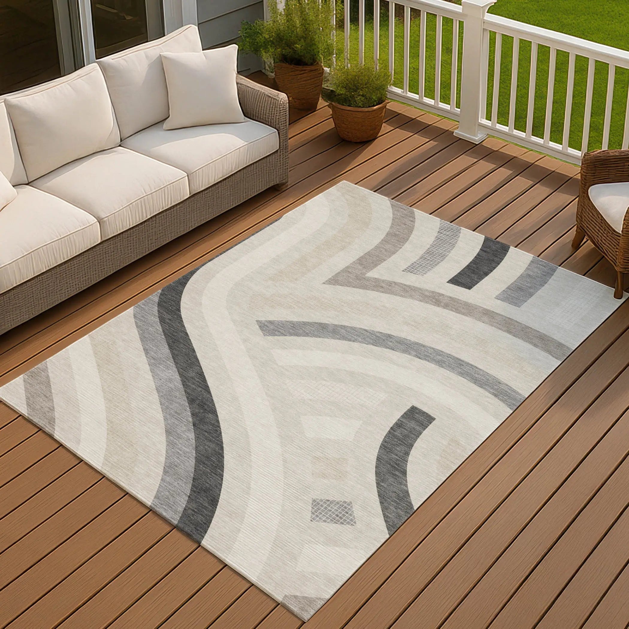 10' X 14' Linen And Ivory Abstract Washable Indoor Outdoor Area Rug Homeroots Outdoor