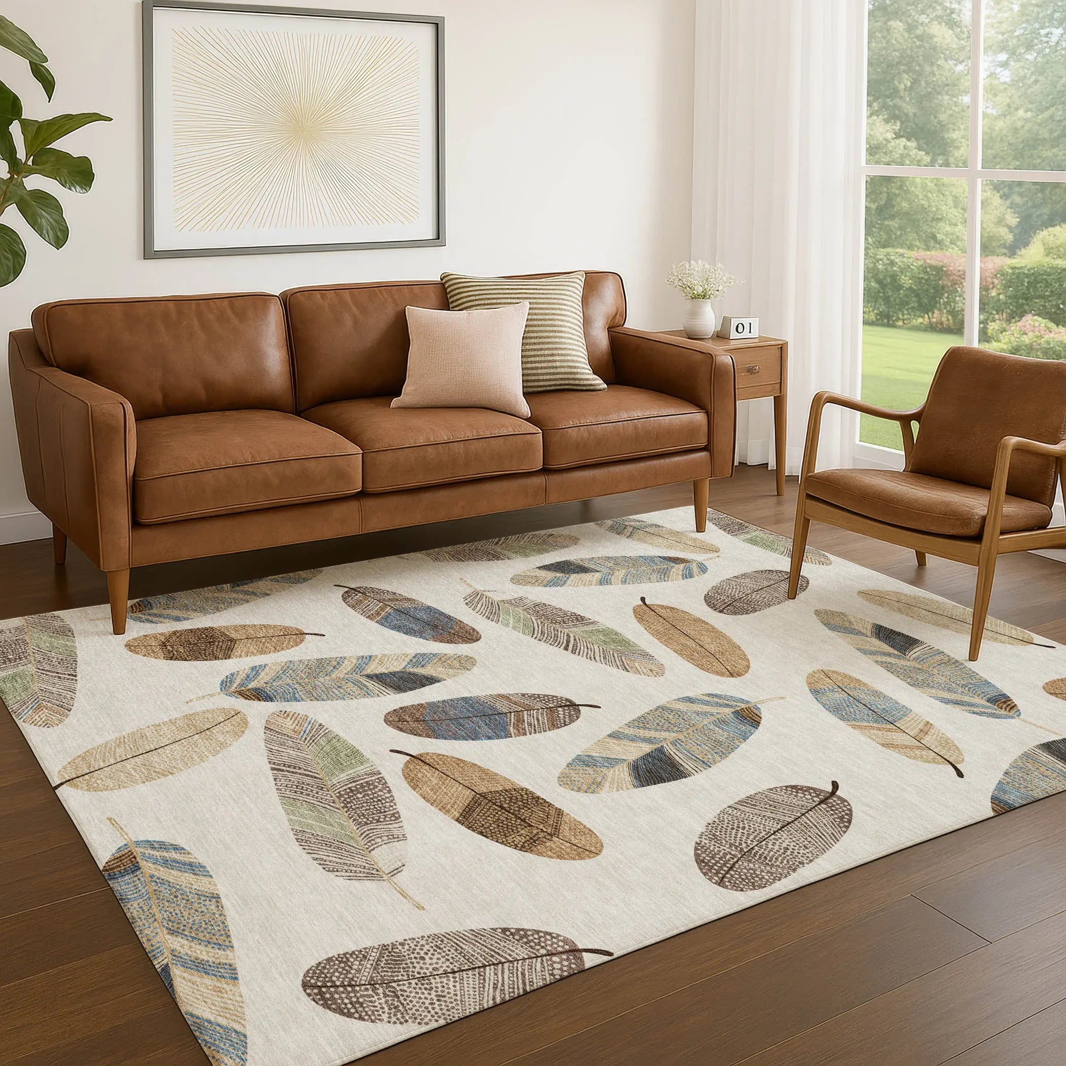 10' X 14' Linen And Ivory Botanical Leaves Washable Indoor Outdoor Area Rug Homeroots Outdoor