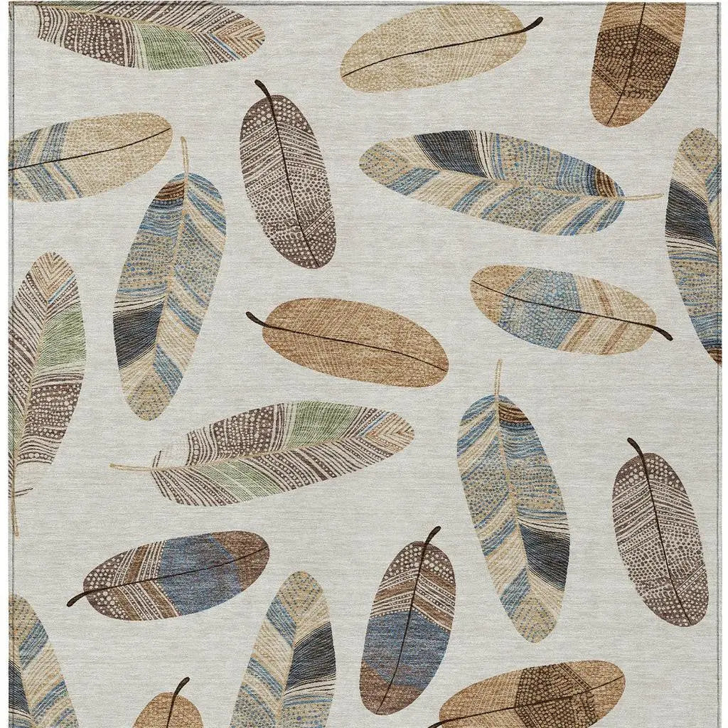 10' X 14' Linen And Ivory Botanical Leaves Washable Indoor Outdoor Area Rug Homeroots Outdoor