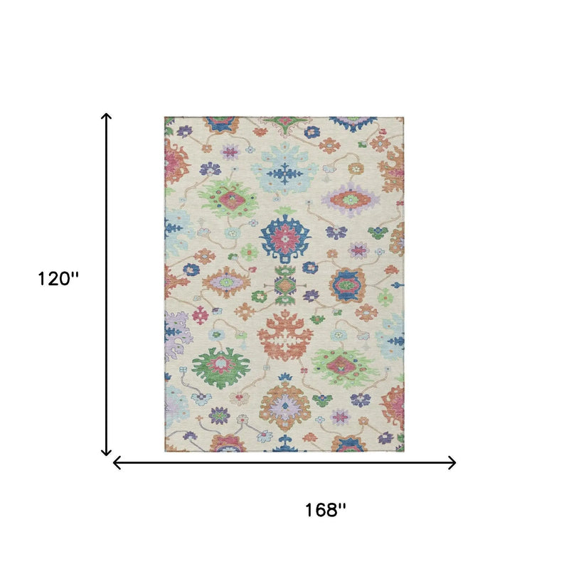 10' X 14' Linen And Navy Blue Oriental Washable Indoor Outdoor Area Rug Homeroots Outdoor