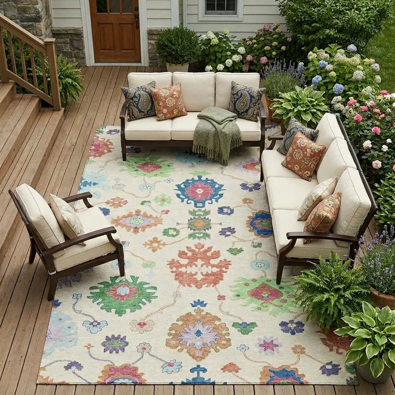 10' X 14' Linen And Navy Blue Oriental Washable Indoor Outdoor Area Rug Homeroots Outdoor