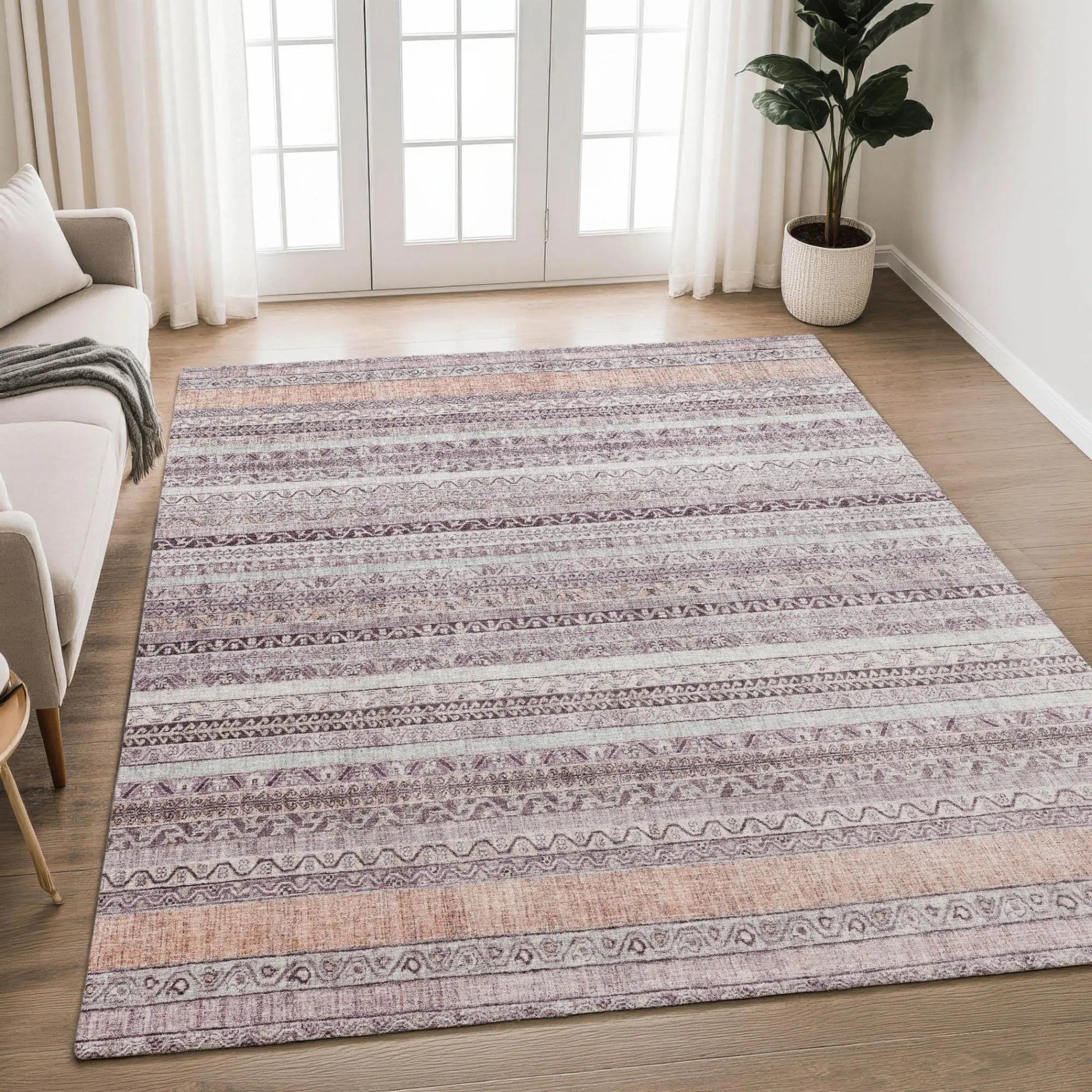 10' X 14' Mauve And Pink Striped Washable Indoor Outdoor Area Rug Homeroots Outdoor