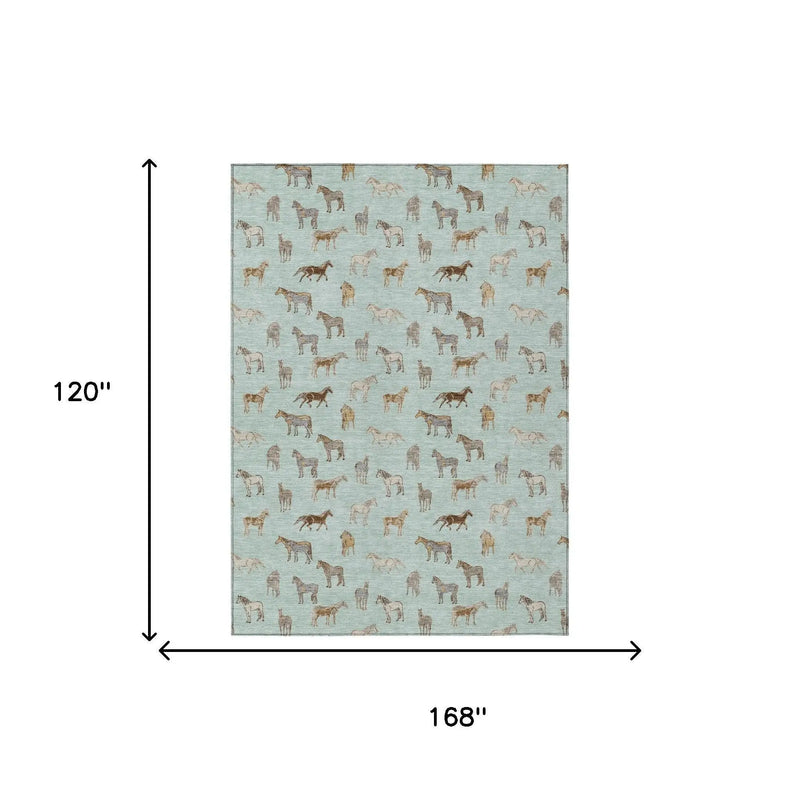 10' X 14' Mint Green And Beige Horse Washable Indoor Outdoor Area Rug Homeroots Outdoor