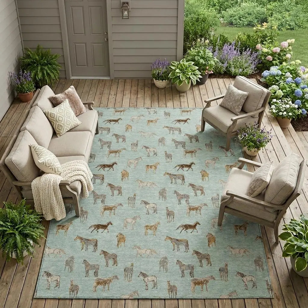 10' X 14' Mint Green And Beige Horse Washable Indoor Outdoor Area Rug Homeroots Outdoor