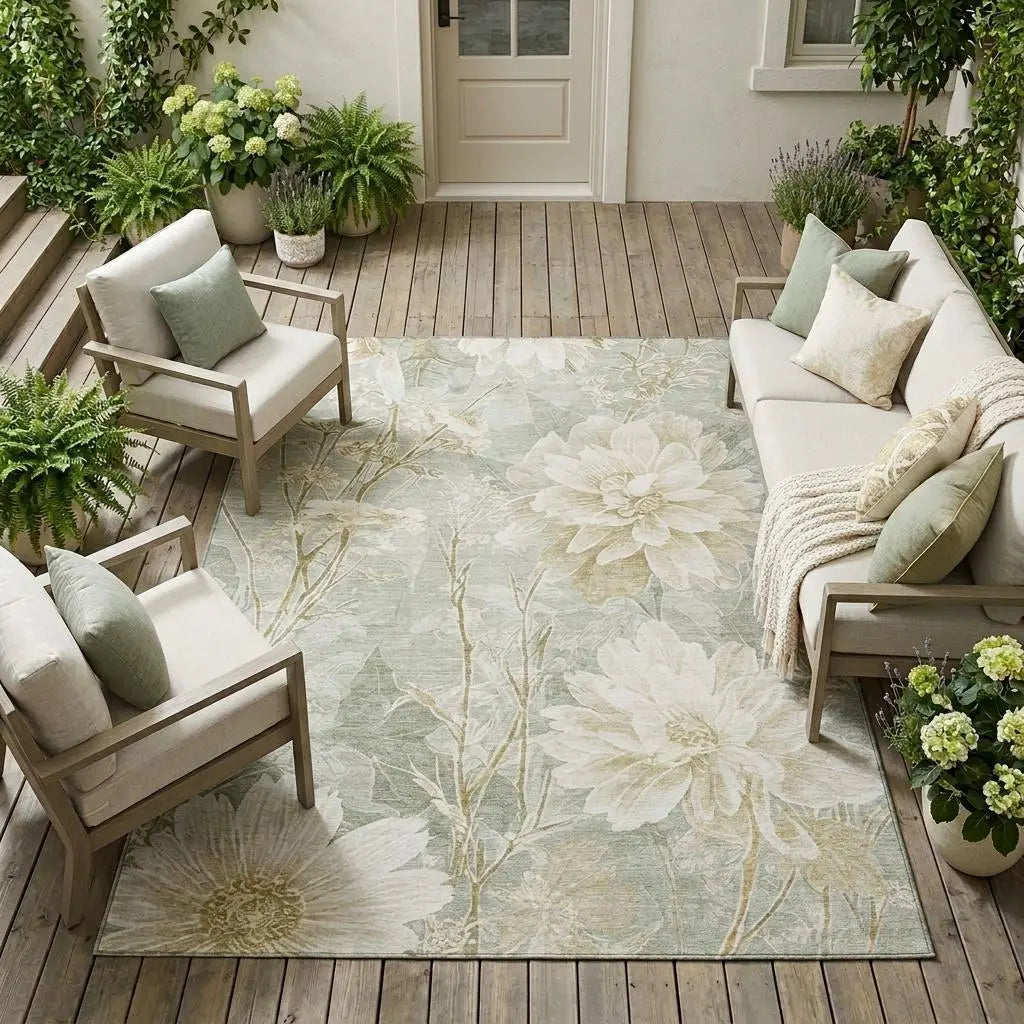 10' X 14' Mint Green And Green Floral Washable Indoor Outdoor Area Rug Homeroots Outdoor