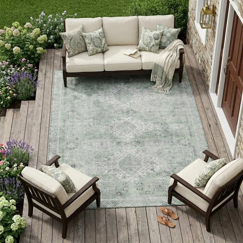 10' X 14' Mint Green And Green Oriental Washable Indoor Outdoor Area Rug Homeroots Outdoor