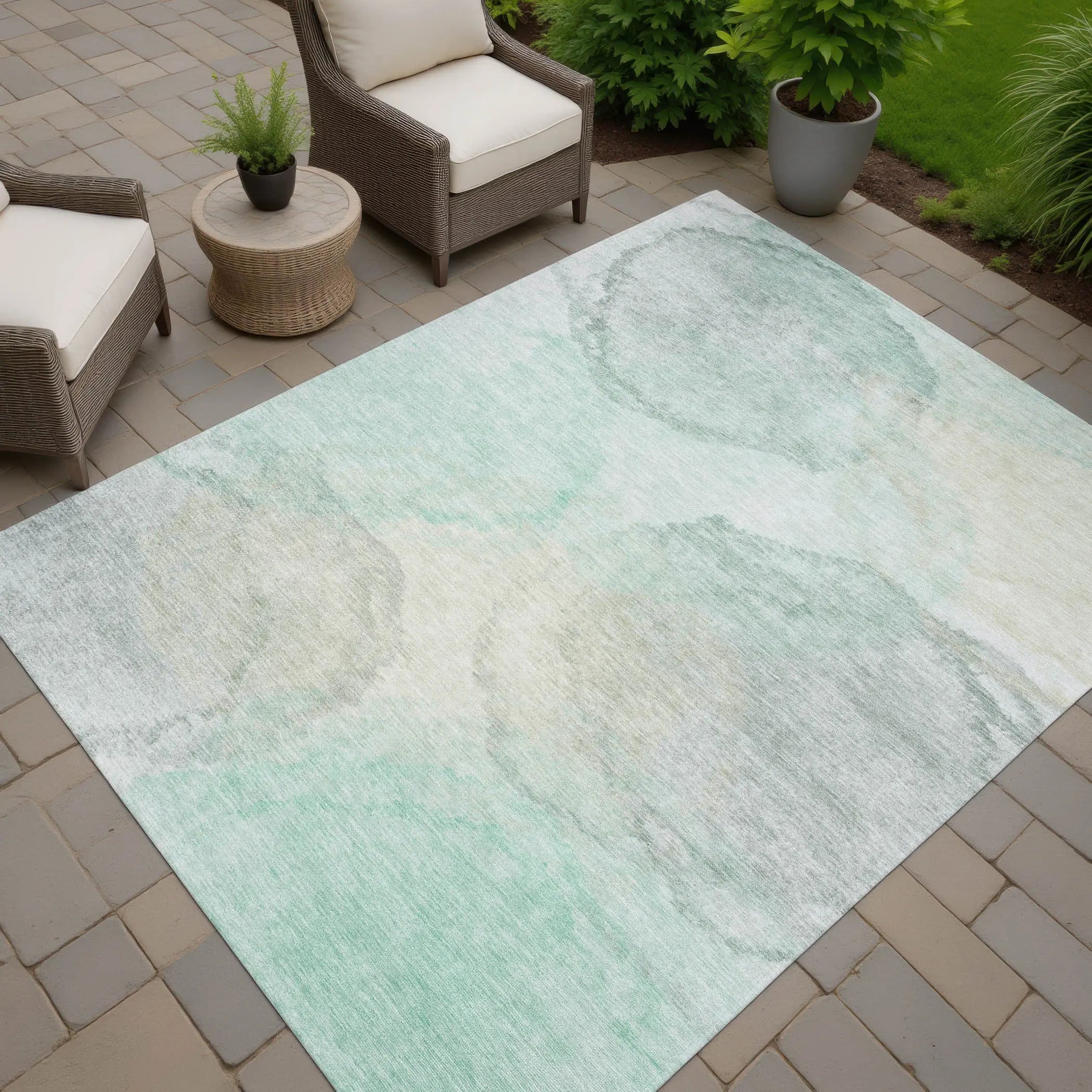 10' X 14' Mint Green And Teal Blue Abstract Washable Indoor Outdoor Area Rug Homeroots Outdoor