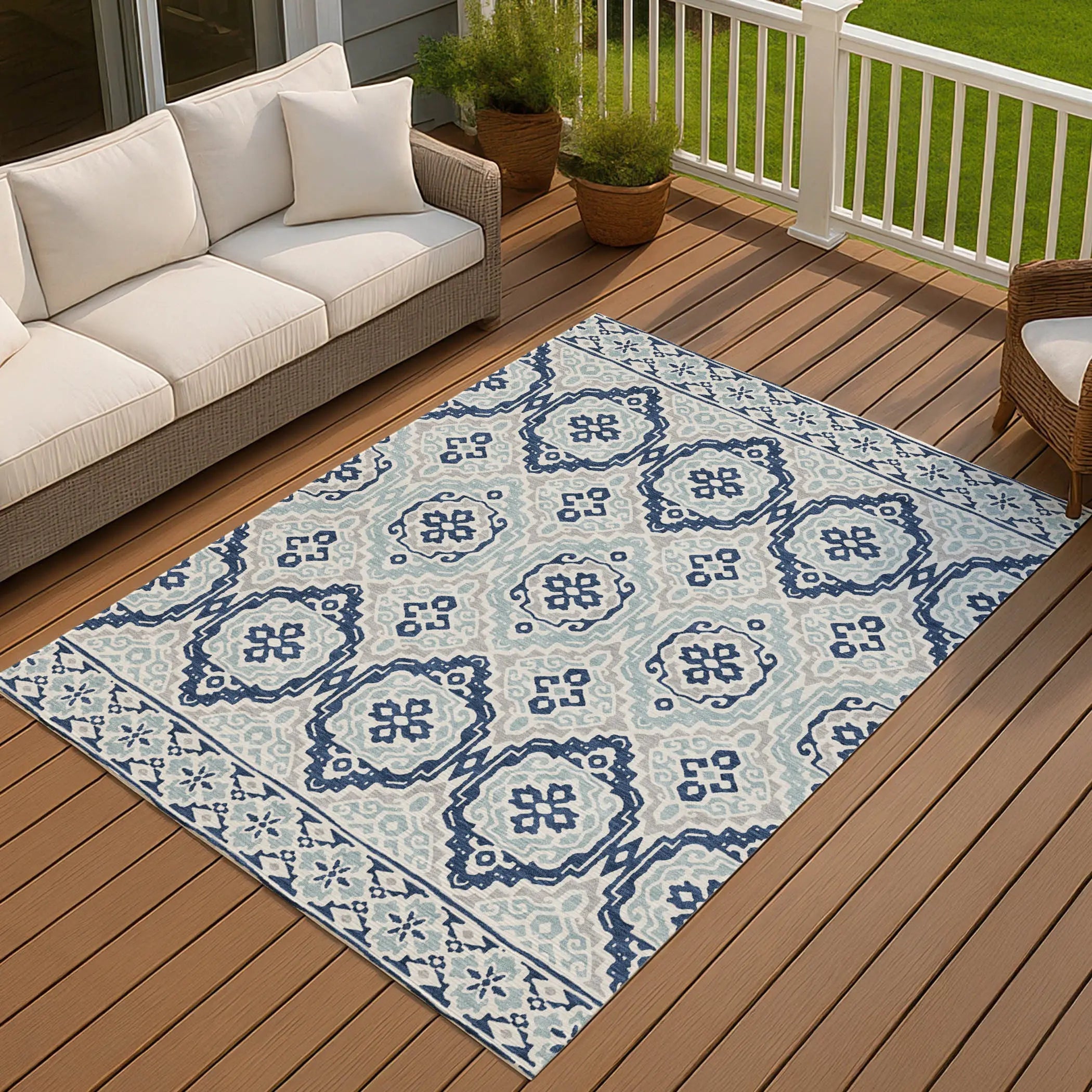 10' X 14' Navy Blue And Aqua Tribal Washable Indoor Outdoor Area Rug Homeroots Outdoor