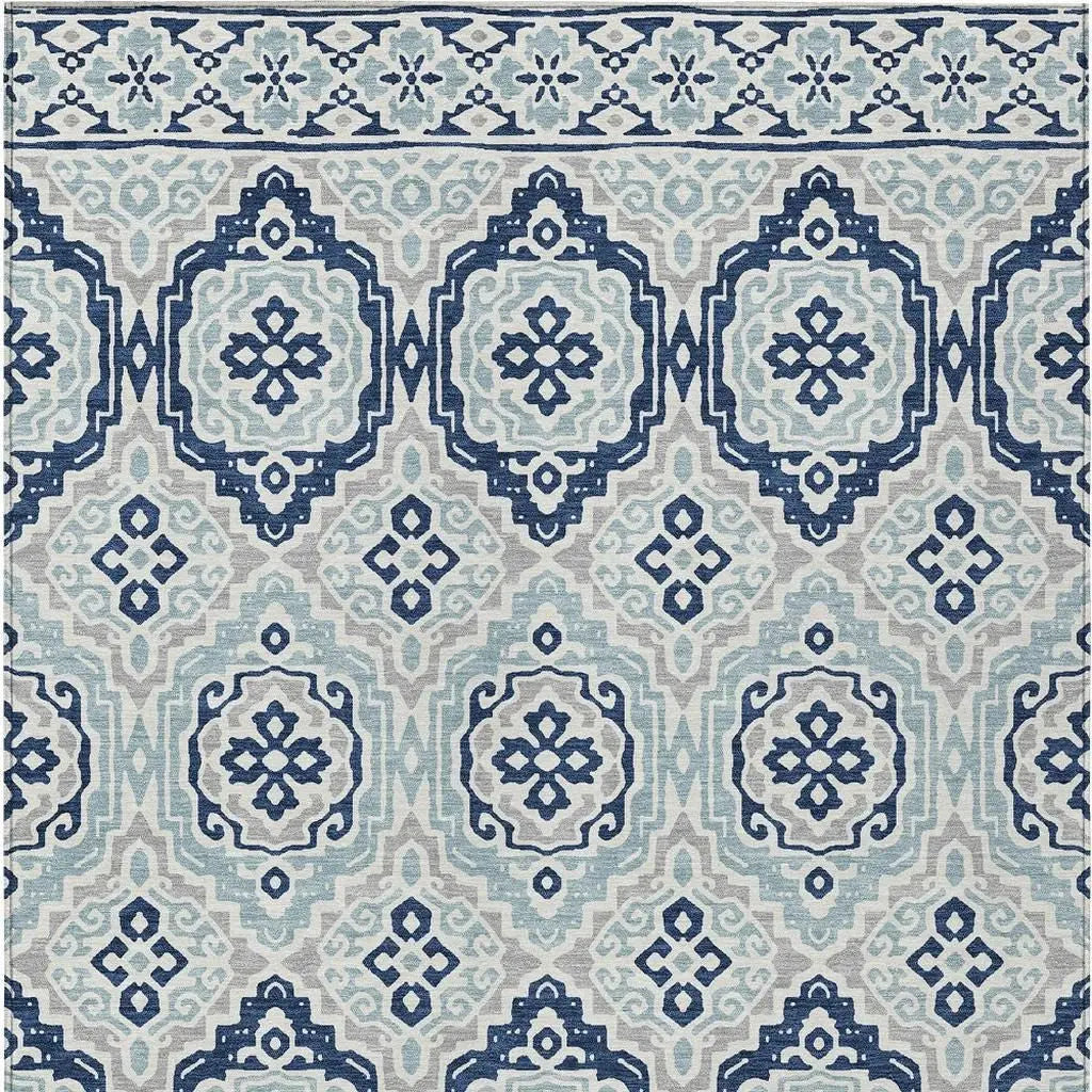 10' X 14' Navy Blue And Aqua Tribal Washable Indoor Outdoor Area Rug Homeroots Outdoor