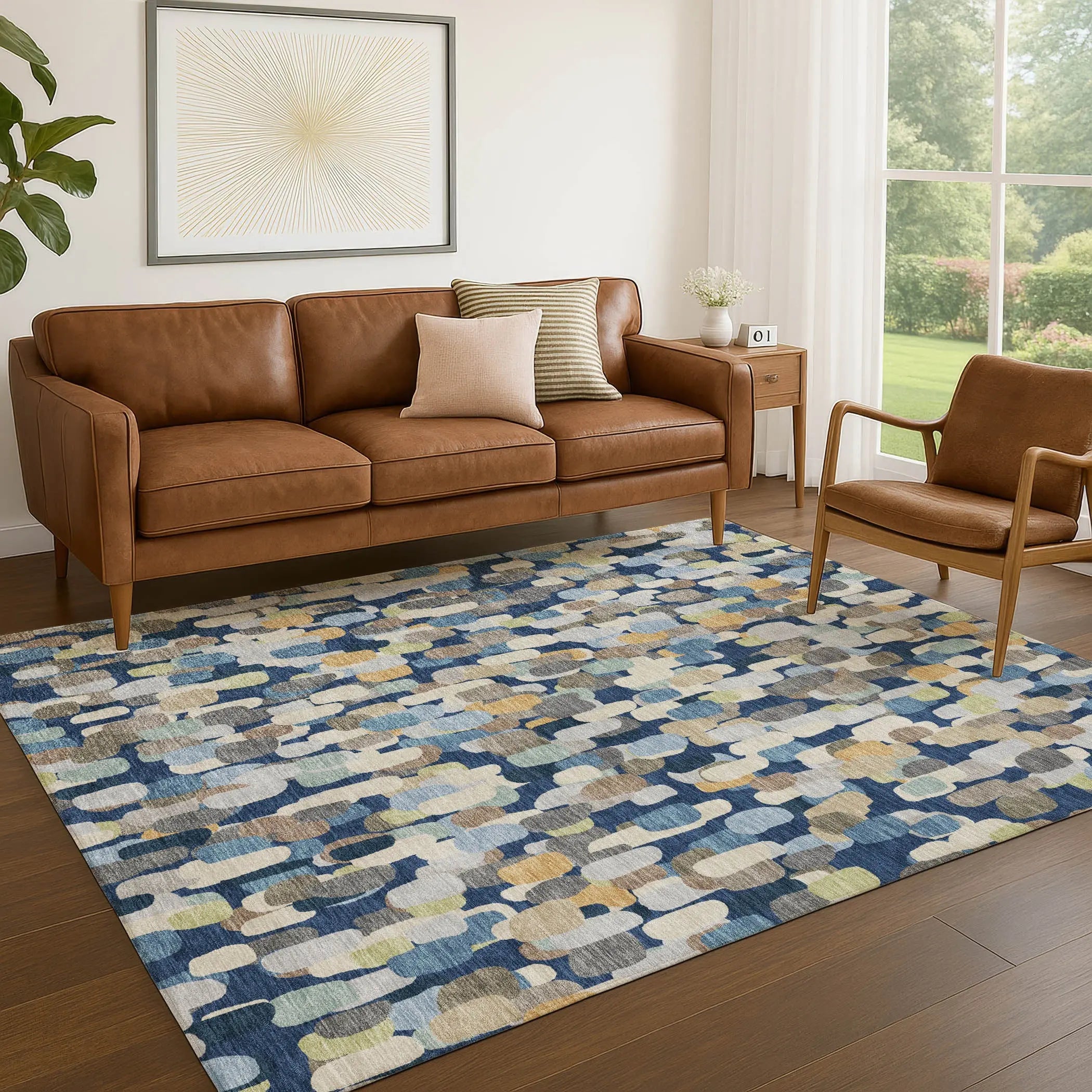 10' X 14' Navy Blue And Beige Abstract Washable Indoor Outdoor Area Rug Homeroots Outdoor