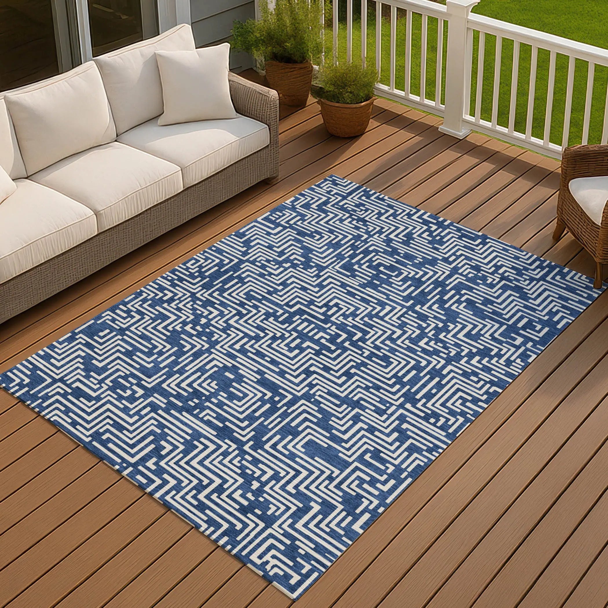10' X 14' Navy Blue And Beige Geometric Washable Indoor Outdoor Area Rug Homeroots Outdoor