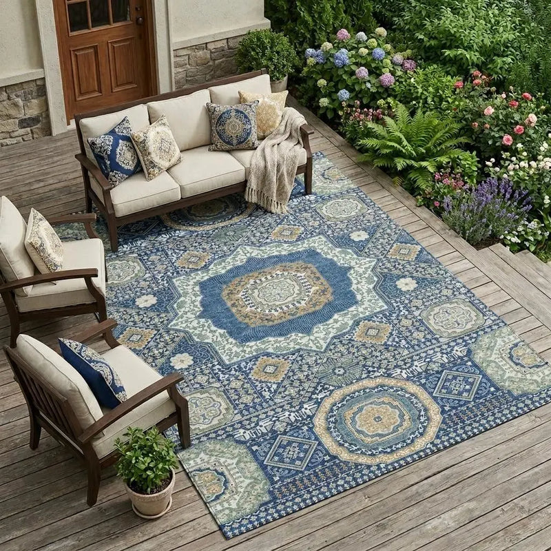 10' X 14' Navy Blue And Beige Oriental Washable Indoor Outdoor Area Rug Homeroots Outdoor