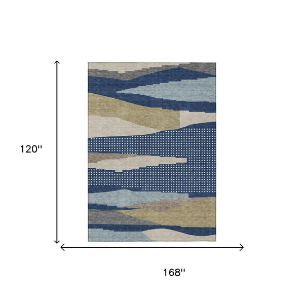10' X 14' Navy Blue And Blue Abstract Washable Indoor Outdoor Area Rug Homeroots Outdoor