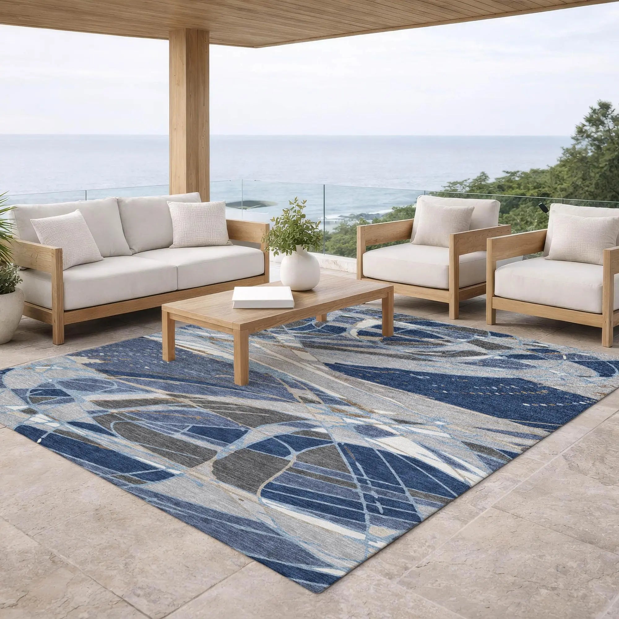 10' X 14' Navy Blue And Blue Abstract Washable Indoor Outdoor Area Rug Homeroots Outdoor