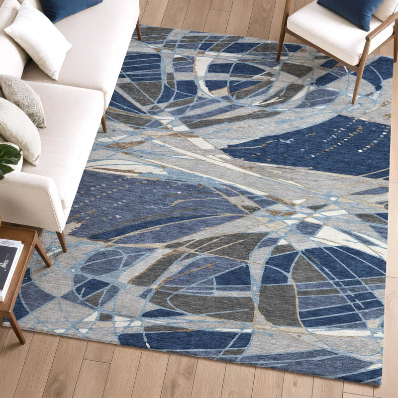 10' X 14' Navy Blue And Blue Abstract Washable Indoor Outdoor Area Rug Homeroots Outdoor