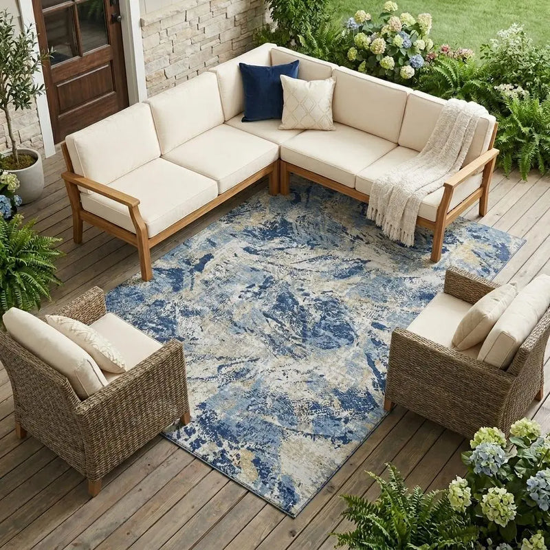 10' X 14' Navy Blue And Blue Abstract Washable Indoor Outdoor Area Rug Homeroots Outdoor