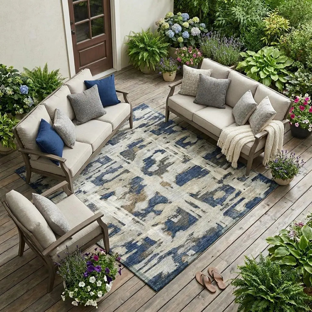 10' X 14' Navy Blue And Blue Abstract Washable Indoor Outdoor Area Rug Homeroots Outdoor