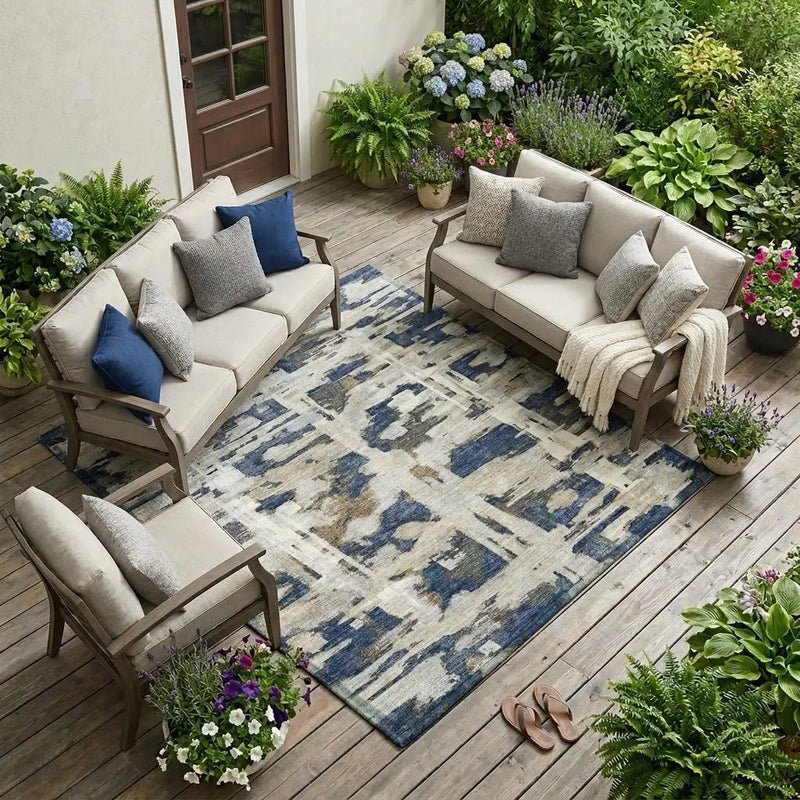 10' X 14' Navy Blue And Blue Abstract Washable Indoor Outdoor Area Rug Homeroots Outdoor