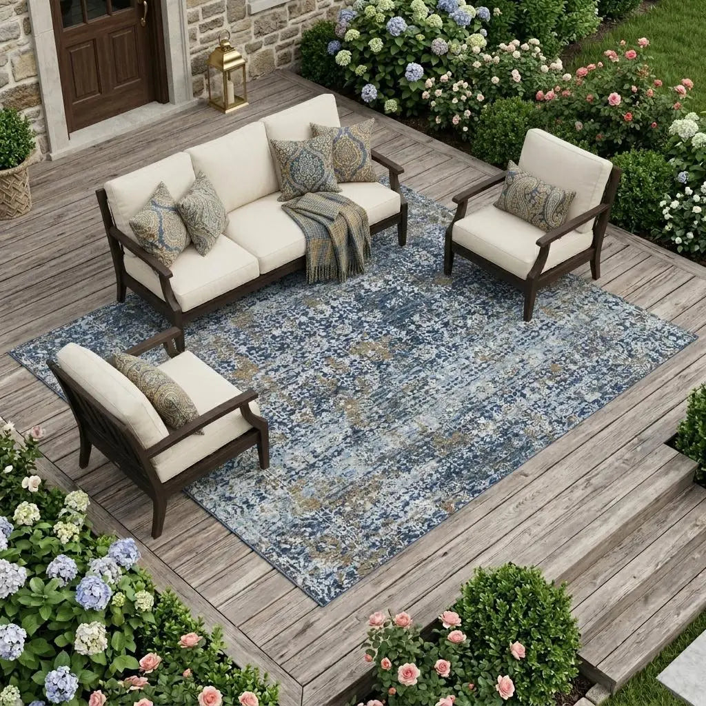 10' X 14' Navy Blue And Blue Abstract Washable Indoor Outdoor Area Rug Homeroots Outdoor