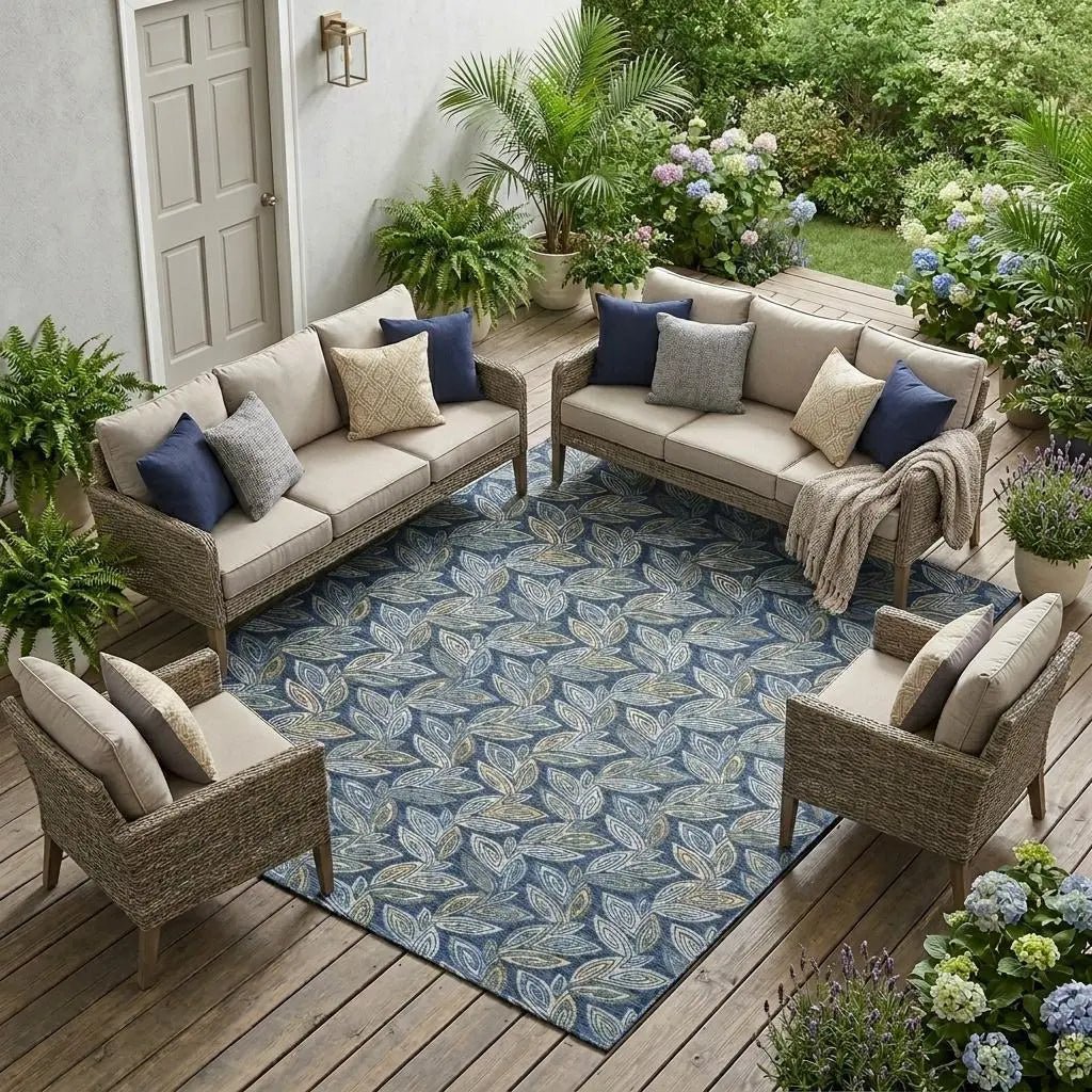 10' X 14' Navy Blue And Blue Botanical Leaves Washable Indoor Outdoor Area Rug Homeroots Outdoor