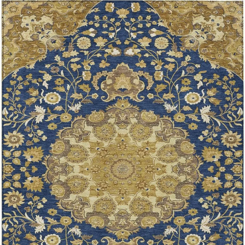 10' X 14' Navy Blue And Blue Damask Washable Indoor Outdoor Area Rug Homeroots Outdoor