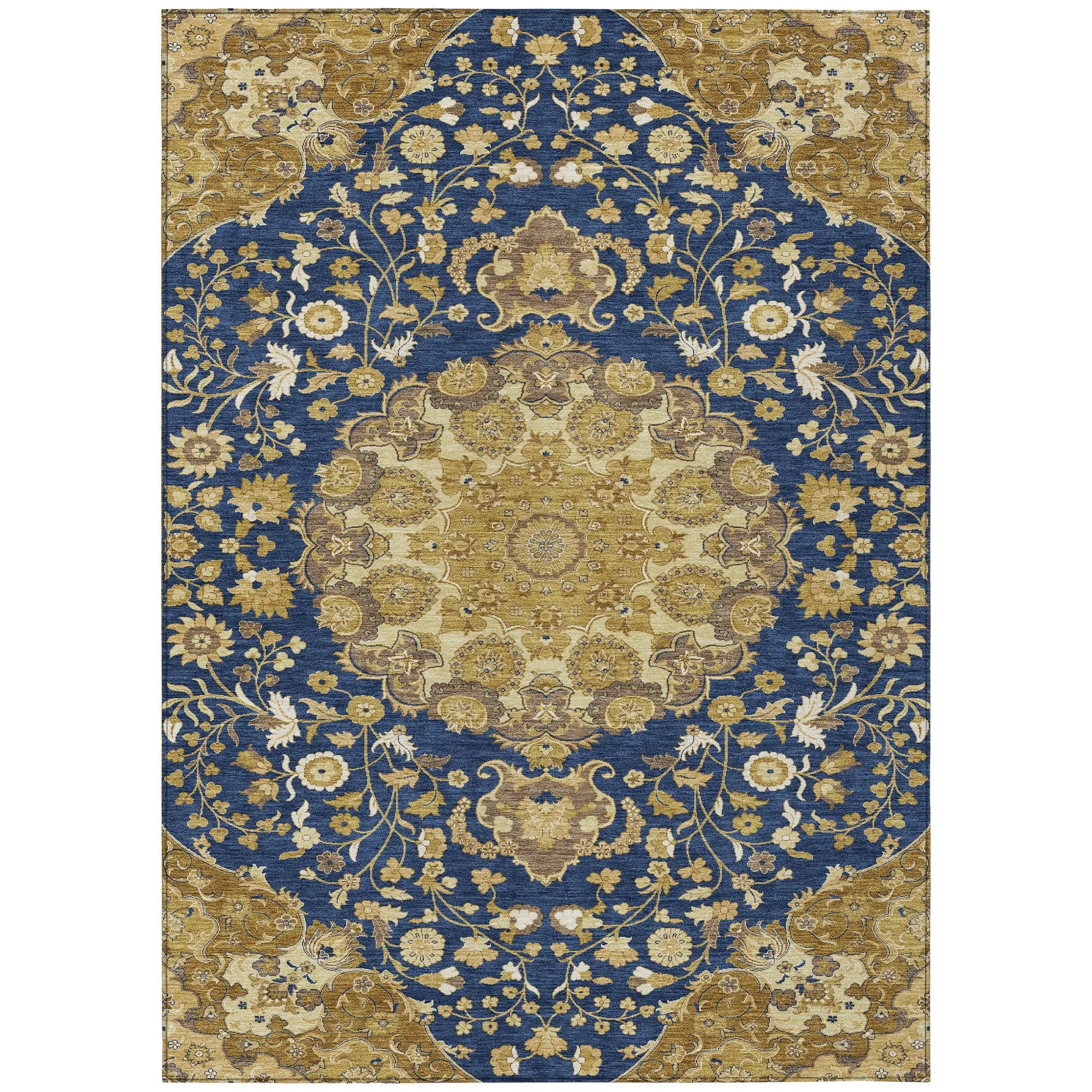 10' X 14' Navy Blue And Blue Damask Washable Indoor Outdoor Area Rug Homeroots Outdoor