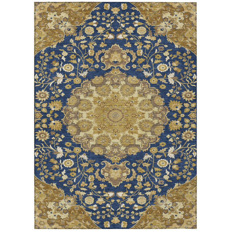 10' X 14' Navy Blue And Blue Damask Washable Indoor Outdoor Area Rug Homeroots Outdoor