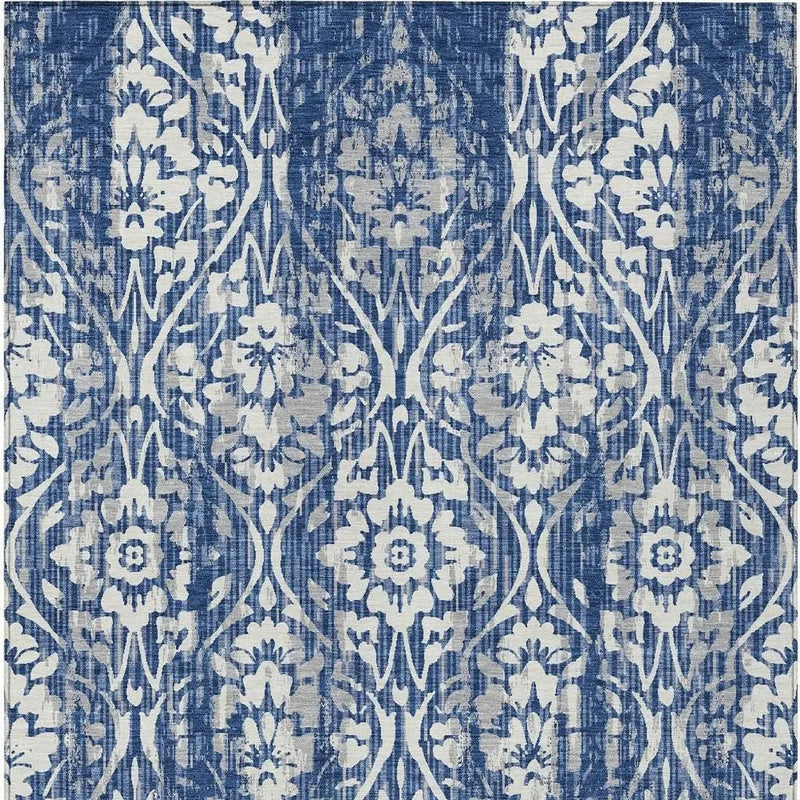 10' X 14' Navy Blue And Blue Damask Washable Indoor Outdoor Area Rug Homeroots Outdoor
