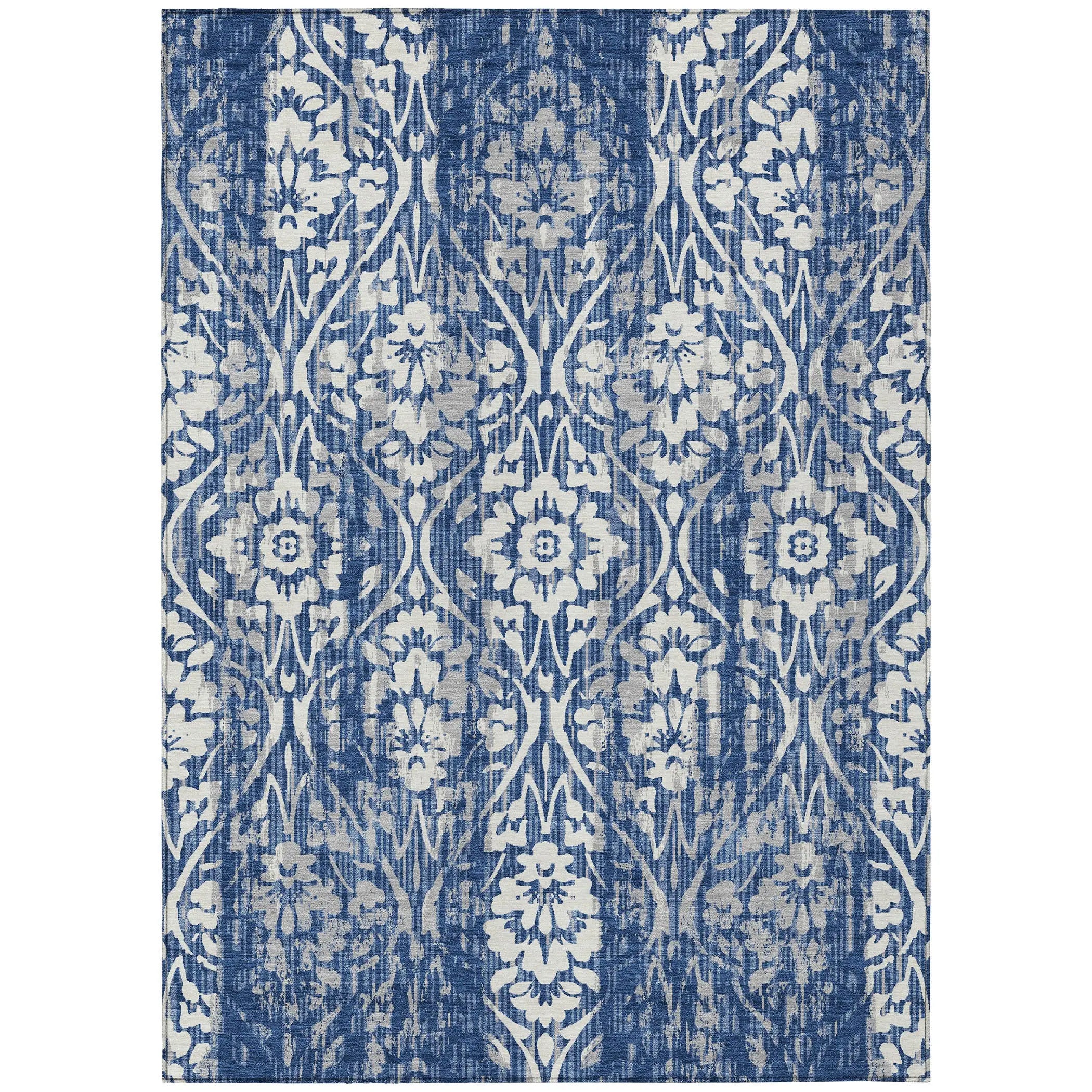10' X 14' Navy Blue And Blue Damask Washable Indoor Outdoor Area Rug Homeroots Outdoor