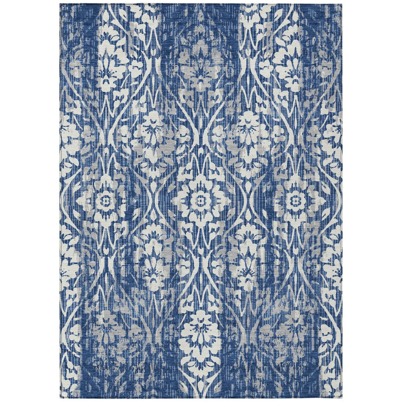 10' X 14' Navy Blue And Blue Damask Washable Indoor Outdoor Area Rug Homeroots Outdoor