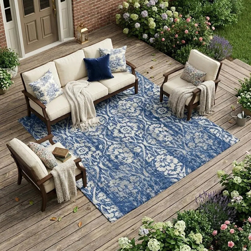 10' X 14' Navy Blue And Blue Damask Washable Indoor Outdoor Area Rug Homeroots Outdoor