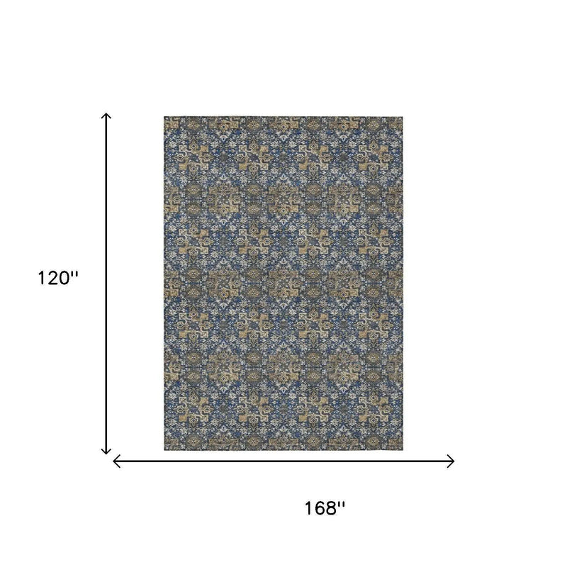 10' X 14' Navy Blue And Blue Damask Washable Indoor Outdoor Area Rug Homeroots Outdoor