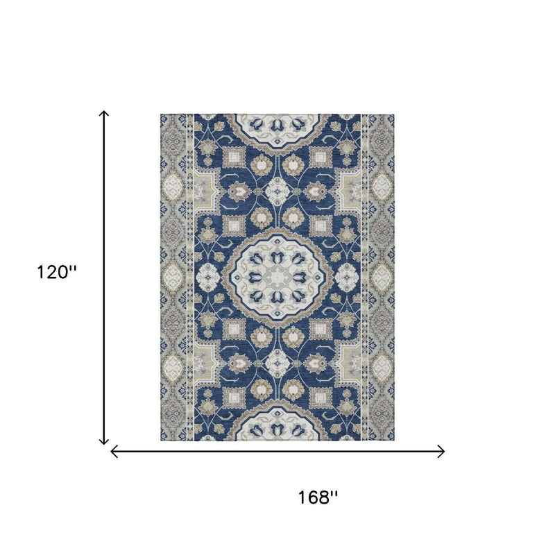 10' X 14' Navy Blue And Blue Floral Medallion Washable Indoor Outdoor Area Rug Homeroots Outdoor