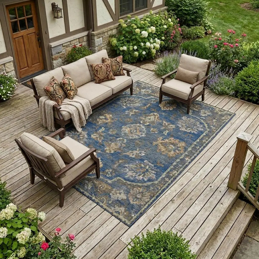 10' X 14' Navy Blue And Blue Floral Medallion Washable Indoor Outdoor Area Rug Homeroots Outdoor