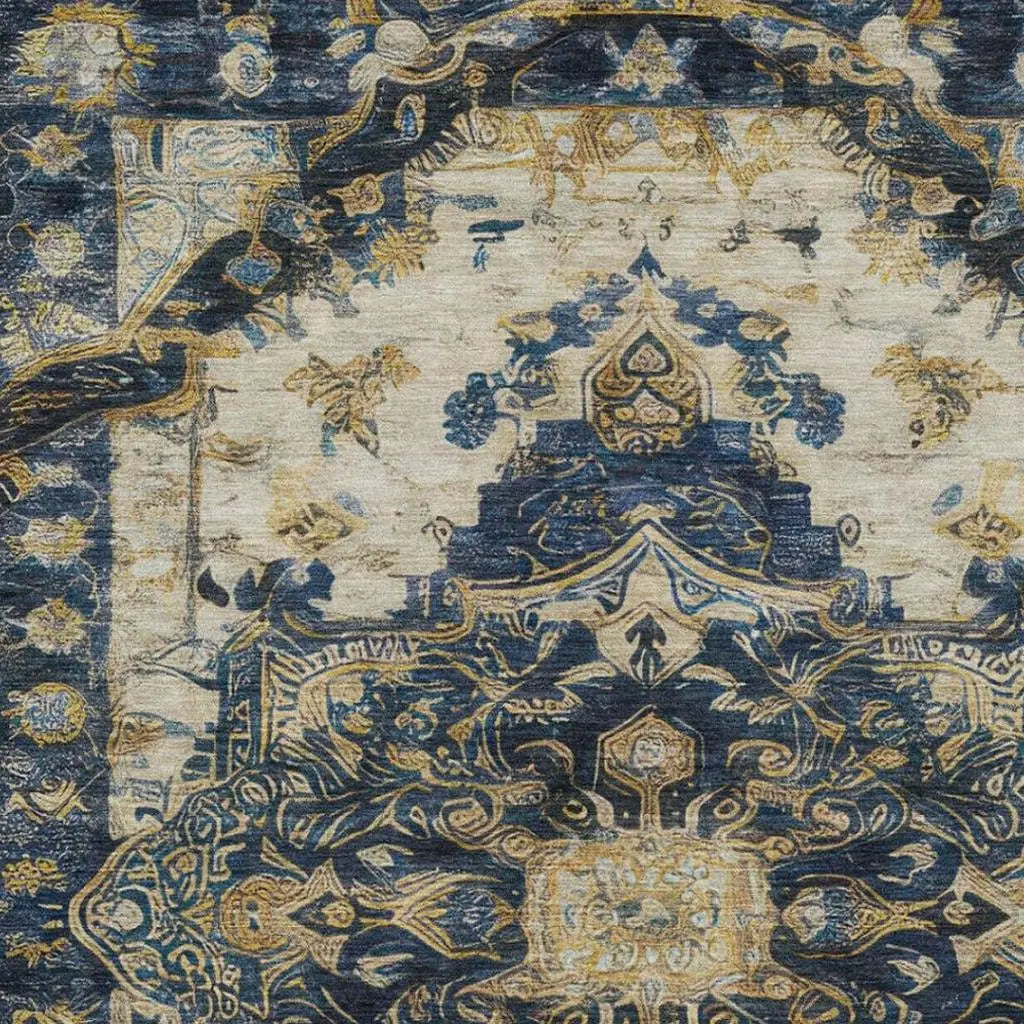 10' X 14' Navy Blue And Blue Floral Medallion Washable Indoor Outdoor Area Rug Homeroots Outdoor