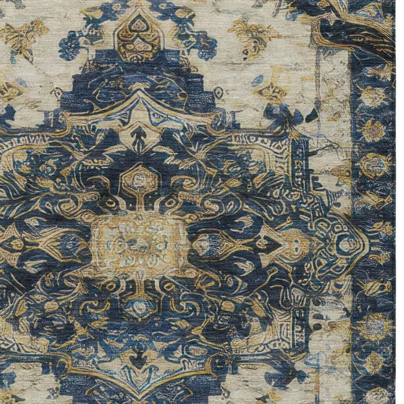 10' X 14' Navy Blue And Blue Floral Medallion Washable Indoor Outdoor Area Rug Homeroots Outdoor