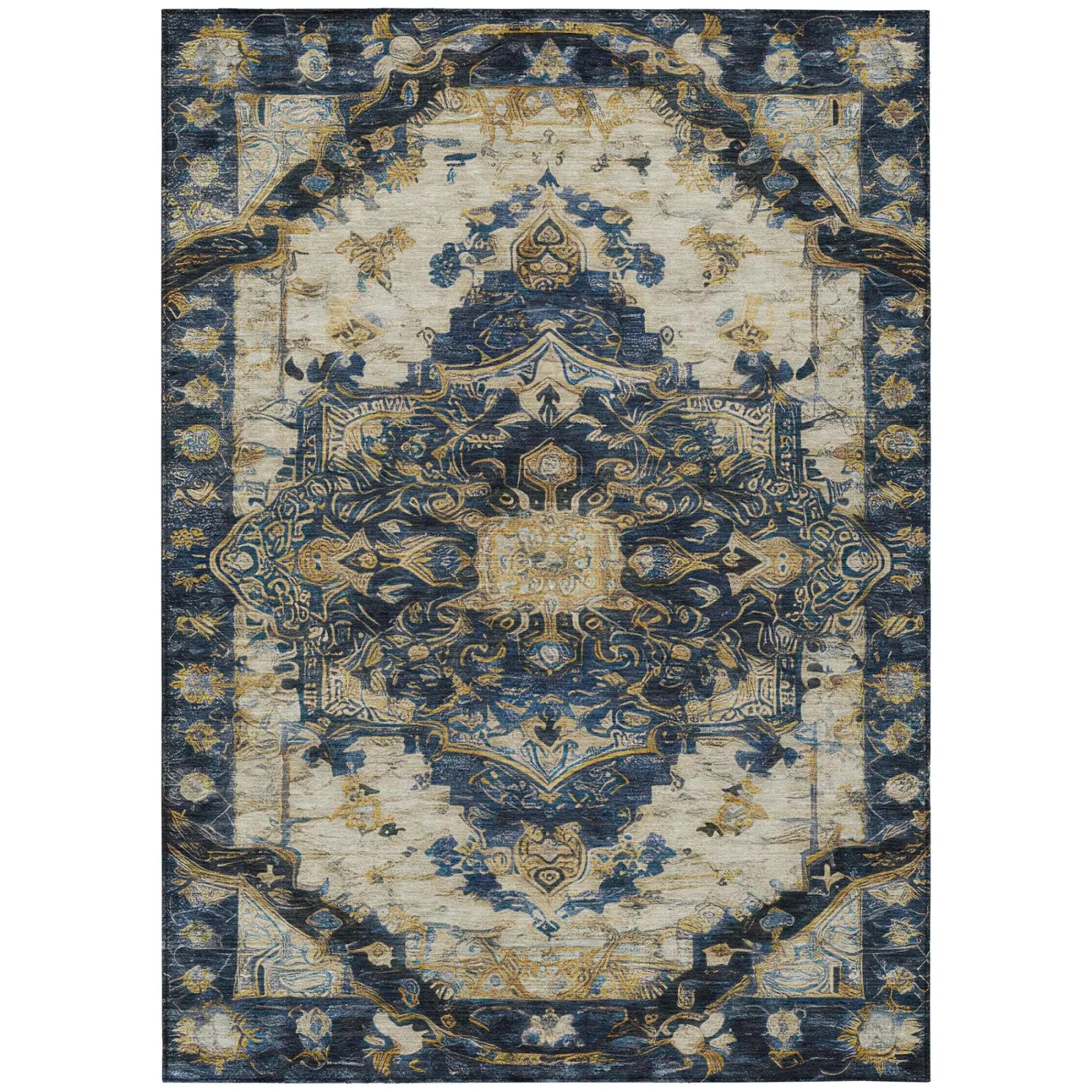 10' X 14' Navy Blue And Blue Floral Medallion Washable Indoor Outdoor Area Rug Homeroots Outdoor