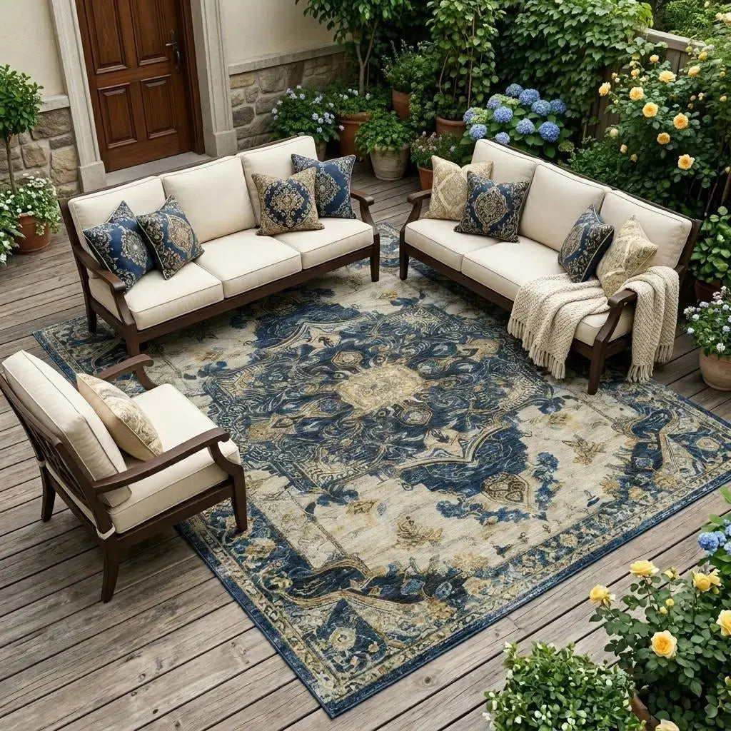 10' X 14' Navy Blue And Blue Floral Medallion Washable Indoor Outdoor Area Rug Homeroots Outdoor