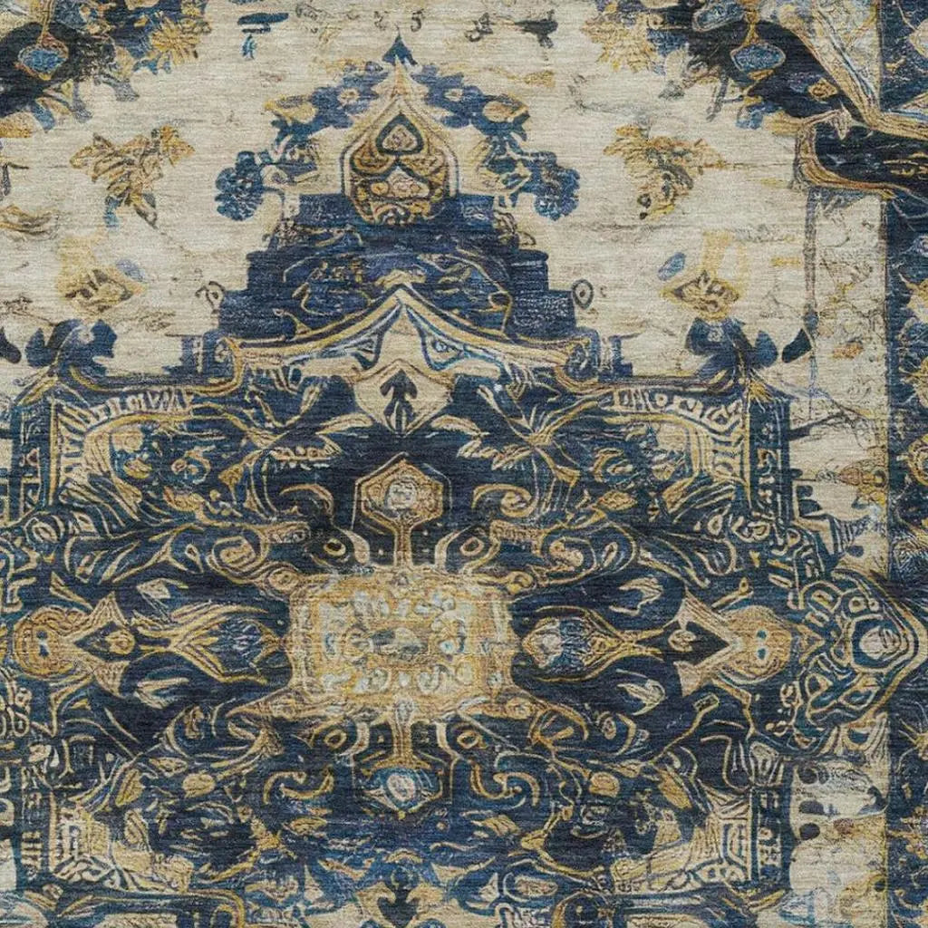 10' X 14' Navy Blue And Blue Floral Medallion Washable Indoor Outdoor Area Rug Homeroots Outdoor