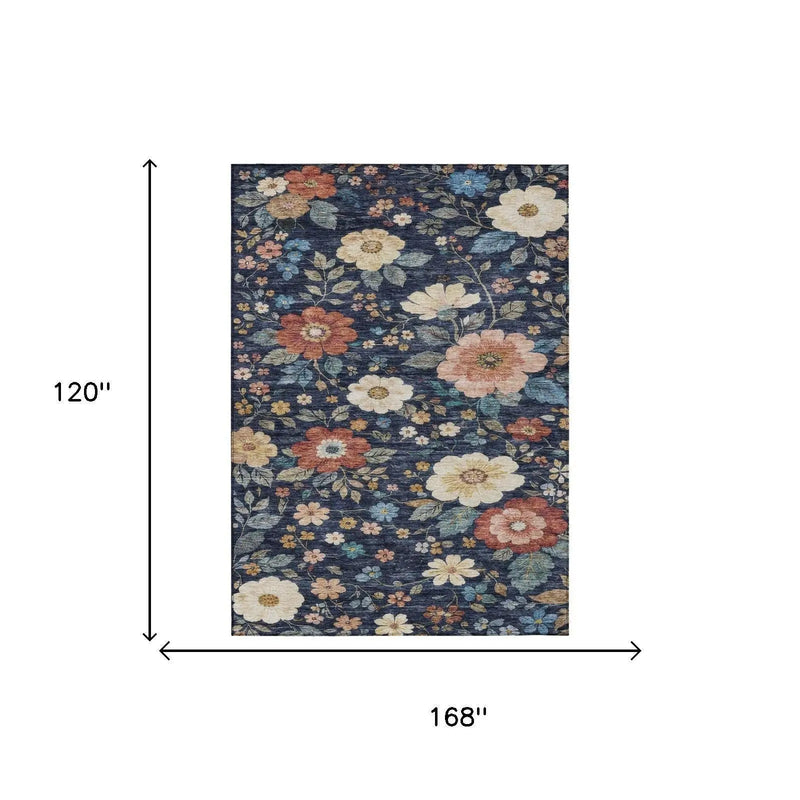 10' X 14' Navy Blue And Blue Floral Washable Indoor Outdoor Area Rug Homeroots Outdoor