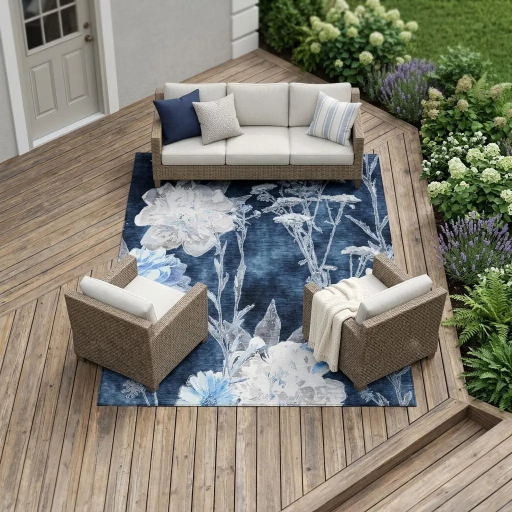 10' X 14' Navy Blue And Blue Floral Washable Indoor Outdoor Area Rug Homeroots Outdoor