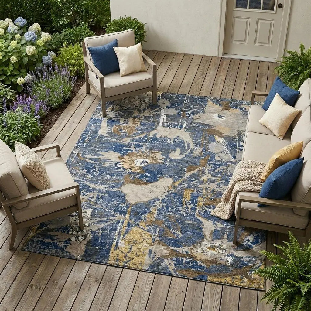 10' X 14' Navy Blue And Blue Floral Washable Indoor Outdoor Area Rug Homeroots Outdoor